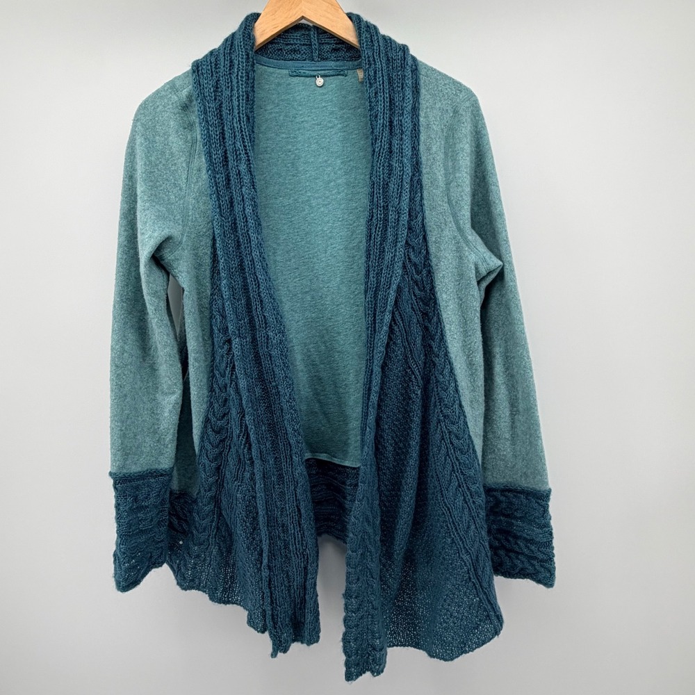 Knitted & Knotted Cardigan Women L Teal Open Front‎ Mixed Media Mohair Wool Boho